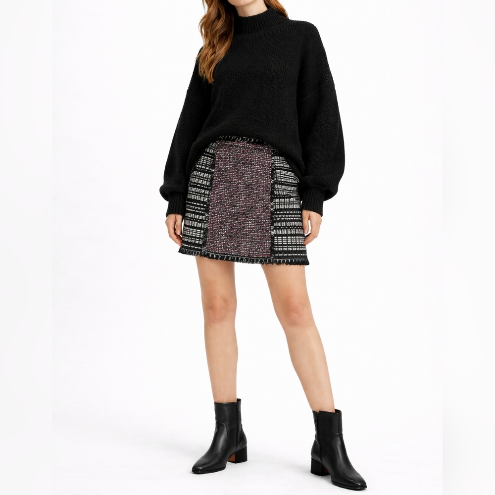 FRENCH CONNECTION Tweed Mini Skirt | US 8 | Patchwork Fringe | Boho Mod